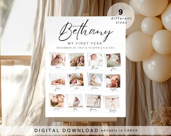 milestone birthday sign, Polaroid baby's first year poster template, baby 1st birthday milestone board, 1st Birthday Photo Collage Sign,063