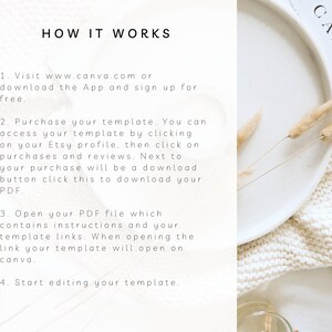 May include: A white background with black text explaining how to purchase and use a Canva template. The text includes the website address www.canva.com. The image also includes a white plate with dried beige flowers on top of a white knitted blanket. The text on the plate reads "CAFE".