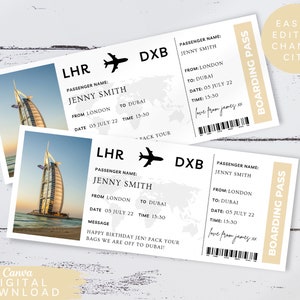 Bearbeitbares Dubai-Einflugticket, Drucküberraschungsreise-Gutschein, bearbeitbare Zielbordkarte, Flugticket-Geschenkgutschein, 077