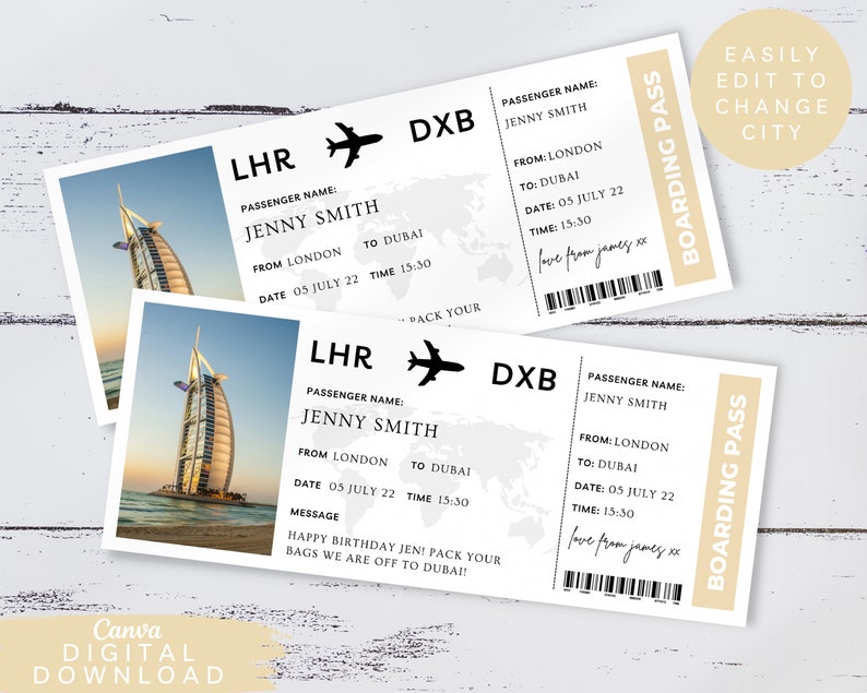 Editable Dubai Boarding Plane Ticket Print Surprise Trip Etsy