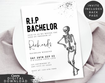 RIP Bachelor Invitation, funny bachelor Invite, Simple Black Bachelor Weekend Invite, Gothic Stag do Invite, Black skeleton invite 074