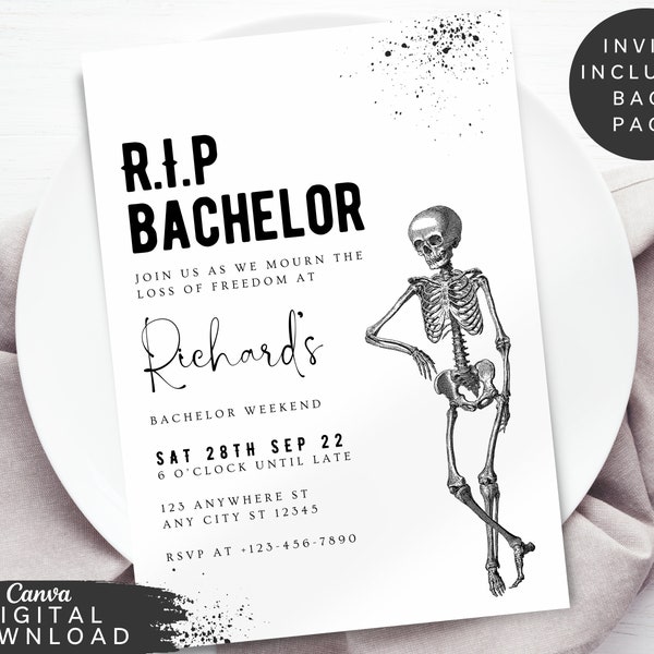 RIP Bachelor Invitation, funny bachelor Invite, Simple Black Bachelor Weekend Invite, Gothic Stag do Invite, Black skeleton invite 074