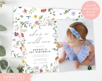 Wildflower 1st Birthday Editable Invitation, our little wildflower first birthday invite, she’s a wild one invite, girls forest invite, 276