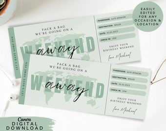 Editable Weekend Away Travel Ticket, Print Surprise Trip Voucher, Holiday destination voucher, Vacation Ticket Voucher, Boarding Card, 103