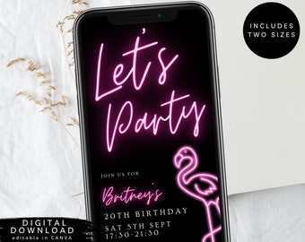 Let’s party neon electronic invite, Neon pink birthday e-invite, Pink Neon Digital Invite, Neon Birthday Text Message Invitation, 242