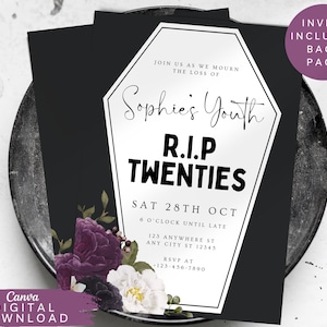 May include: A black and white printable invitation with a coffin-shaped design. The invitation reads "Join us as we mourn the loss of Sophie's Youth R.I.P. Twenties Sat 28th Oct 6 o'clock until late 123 Anywhere St Any City St 12345 RSVP at 123-456-7890". The invitation is decorated with purple and white flowers.