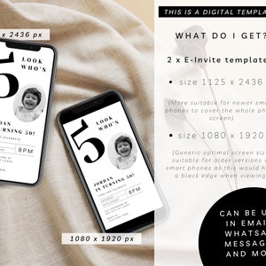 May include: Two digital birthday invitation templates for a 50th birthday party. The templates are displayed on a smartphone screen. The text on the template reads "Look Who's 50!" and "Jordan is turning 50! Come and celebrate". The templates are available in two sizes: 1125 x 2436 pixels and 1080 x 1920 pixels.