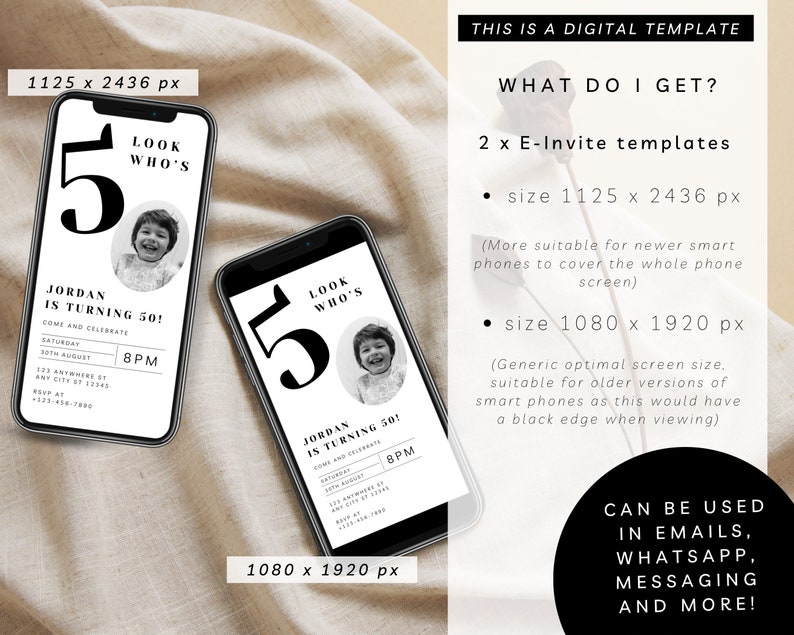 May include: Two digital birthday invitation templates for a 50th birthday party. The templates are displayed on a smartphone screen. The text on the template reads "Look Who's 50!" and "Jordan is turning 50! Come and celebrate". The templates are available in two sizes: 1125 x 2436 pixels and 1080 x 1920 pixels.