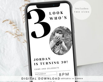 Look who’s 30 electronic invite, childhood photo 30th birthday invite, Funny 30th Digital Invite, Thirtieth Birthday Text Message, 265