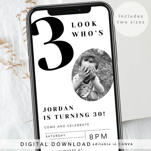 Look who’s 30 electronic invite, childhood photo 30th birthday invite, Funny 30th Digital Invite, Thirtieth Birthday Text Message, 265