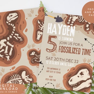 Fossiele verjaardagsuitnodiging, dinosaurusverjaardagsuitnodiging, dinosaurusuitnodiging, uitnodiging voor feest in het wild, prehistorische verjaardagsuitnodiging, graveruitnodiging, 160