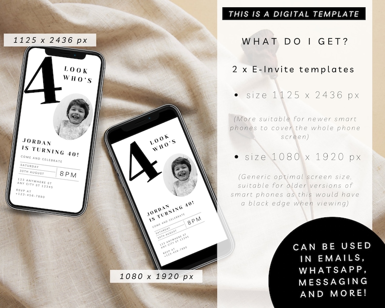 Puede incluir: Dos plantillas digitales de invitaci&oacute;n de cumplea&ntilde;os para una fiesta de cumplea&ntilde;os n&uacute;mero 40. Las plantillas est&aacute;n dise&ntilde;adas para parecerse a la pantalla de un tel&eacute;fono inteligente y presentan una foto en blanco y negro de un ni&ntilde;o con el texto "Look Who's 40!" y "&iexcl;Jordan cumple 40!" Las plantillas est&aacute;n disponibles en dos tama&ntilde;os: 1125 x 2436 p&iacute;xeles y 1080 x 1920 p&iacute;xeles.