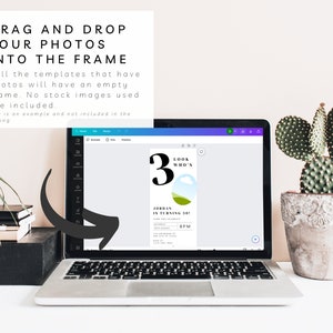 May include: A laptop screen showing a birthday invitation template with a large number 3, the text "Look Who's Turning 30!" and a green and blue landscape illustration. The text "Drag and Drop Your Photos Into The Frame" is displayed above the laptop.