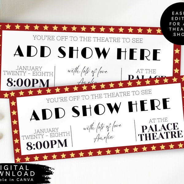 Editable Digital Theatre Ticket Voucher, Musical Theatre Surprise Ticket, Printable Gift Theatre Ticket, Birthday Broadway Show Ticket, 130