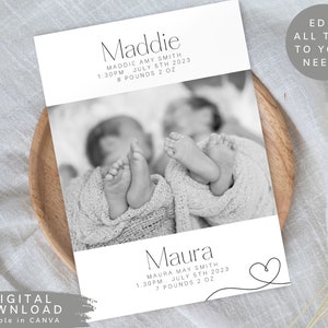 Faire-part de naissance de jumeaux modifiable, carte de remerciement pour nouveau-né, carte postale de bienvenue pour nouveau-né, faire-part de bébé, carte de naissance imprimable, 140
