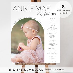 Signe d'anniversaire important, modèle d'affiche imprimable de la première année de bébé, panneau d'étape important du 1er anniversaire de bébé, signe de collage de photo du 1er anniversaire, 226