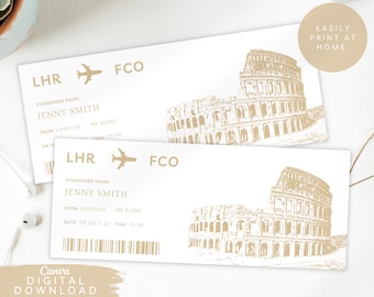 Boleto de avión de embarque editable, vale de viaje sorpresa impreso, tarjeta de embarque de destino, vale de regalo de boleto de avión de vacaciones en Roma, 093