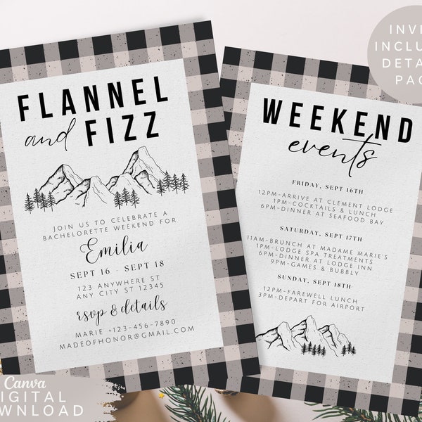 Flannel and Fizz Bachelorette Invite, Flannel and Christmas Invitation, Hen do party Invitations, weekend getaway invite, winter party, 044