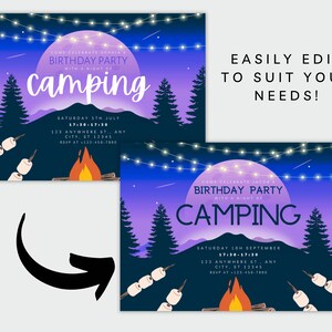 May include: Editable camping birthday party invitation template with a purple and blue gradient background, a full moon, stars, and a campfire. The text reads "Come celebrate [name]'s Birthday Party with a night of camping".