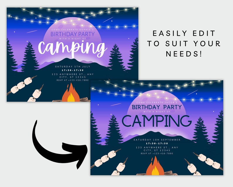 May include: Editable camping birthday party invitation template with a purple and blue gradient background, a full moon, stars, and a campfire. The text reads "Come celebrate [name]'s Birthday Party with a night of camping".