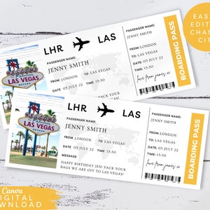 Bearbeitbares Las Vegas Boarding Plane Ticket, Print Surprise Trip Voucher, bearbeitbarer Urlaubsziel Gutschein, Airline Ticket Geschenkgutschein, 077