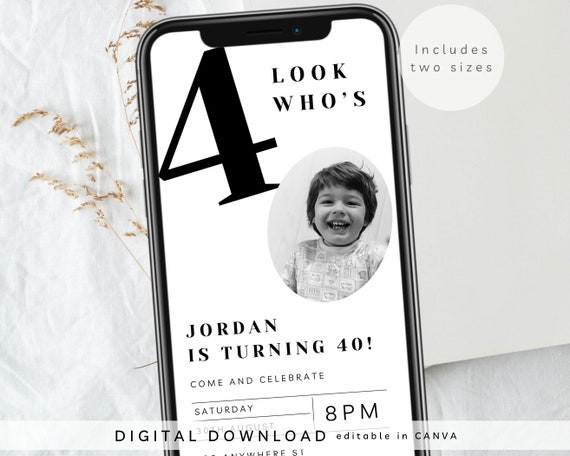 Look who’s 40 electronic invite, childhood photo 40th birthday invite, Funny 40th Digital Invite, fortieth Birthday Text Message, 265