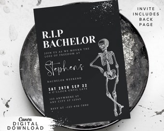 RIP Bachelor Invitation, funny bachelor Invite, Simple Black Bachelor Weekend Invite, Gothic Stag do Invite, Black skeleton invite 073