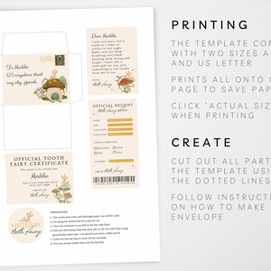 May include: Printable tooth fairy certificate and envelope template with a whimsical illustration of a mushroom house and fairies. The template includes a tooth fairy receipt, instructions, and a "visited by the tooth fairy" sticker.