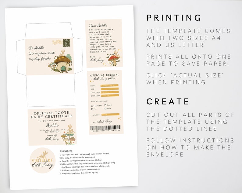 May include: Printable tooth fairy certificate and envelope template with a whimsical illustration of a mushroom house and fairies. The template includes a tooth fairy receipt, instructions, and a "visited by the tooth fairy" sticker.
