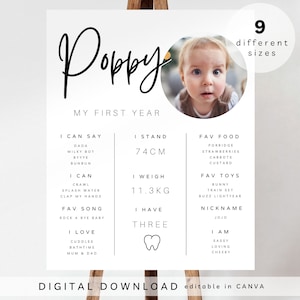 Plaque d'anniversaire importante, modèle d'affiche de la première année de bébé photo, panneau d'étape du 1er anniversaire, panneau de photo du 1er anniversaire, panneau d'étape, 123