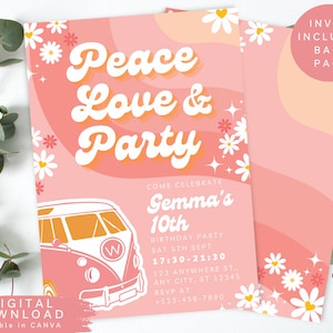 Groovy Hippie-Geburtstagseinladung, Pinker Regenbogen groovy Invite, Mädchen Disco Invite, Retro Einladung, Peace & Love Party Invite, BIR14