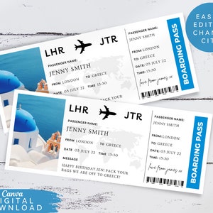 Billet d'avion d'embarquement modifiable pour la Grèce, bon à imprimer pour un voyage surprise, bon pour une destination de vacances modifiable, bon-cadeau de billet d'avion,077