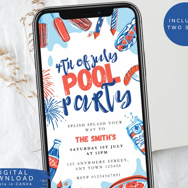 4th July Party e-invite, Summer Pool Party electronic invite, BBQ Cookout text Invite, 4th July pool party invite, Backyard BBQ invite, 325