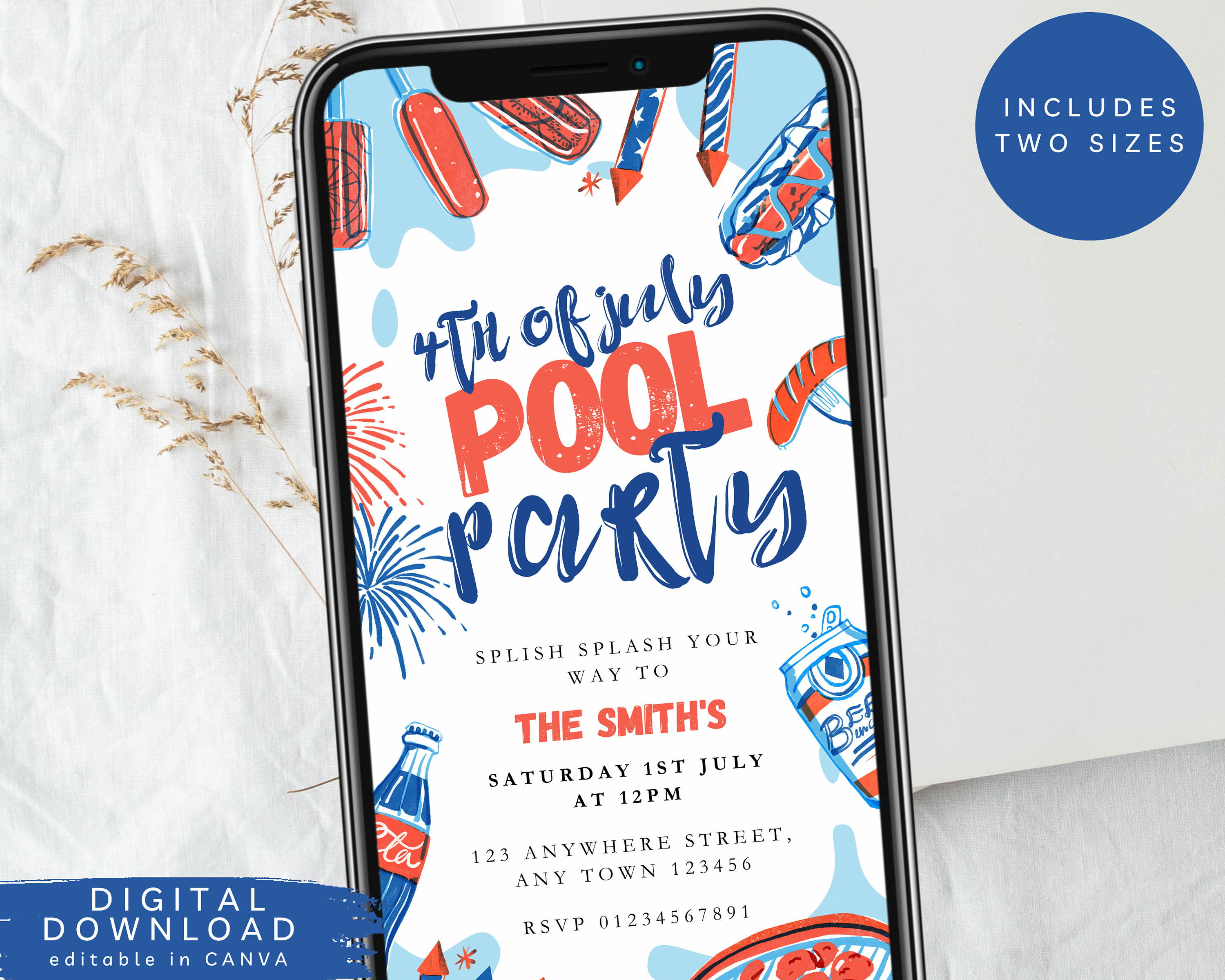 4th July Party e-invite, Summer Pool Party electronic invite, BBQ Cookout text Invite, 4th July pool party invite, Backyard BBQ invite, 325