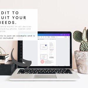 May include: A laptop computer displaying a Canva design template with a blue and yellow color scheme. The text on the screen reads "Edit to suit your needs." The laptop is on a desk with a cactus plant in a pot.