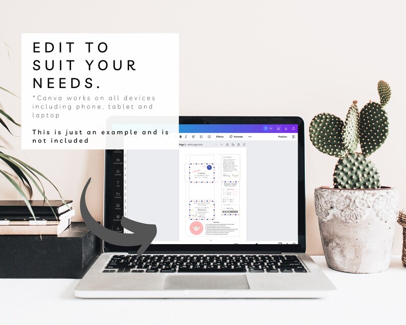 May include: A laptop computer displaying a Canva design template with a blue and yellow color scheme. The text on the screen reads "Edit to suit your needs." The laptop is on a desk with a cactus plant in a pot.