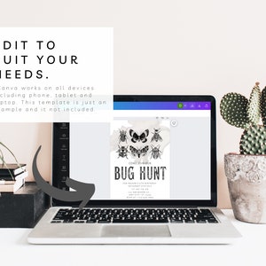 May include: A laptop screen displaying a digital invitation for a bug hunt party. The invitation features a black and white illustration of insects and the text "Come Join Our Bug Hunt".