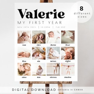 signo de cumpleaños de hito, plantilla de póster imprimible del primer año del bebé, tablero de hitos del primer cumpleaños del bebé, signo de collage de fotos del primer cumpleaños, 399