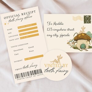 May include: A tooth fairy receipt with a gold star, a tooth fairy ID number, and a signature. The receipt is for Maddie Smith, age 4, who lost a tooth on February 11, 2023. The tooth condition is marked as excellent. The receipt also includes a sticker that says "Visited by tooth fairy" with a fairy illustration.