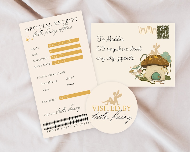 May include: A tooth fairy receipt with a gold star, a tooth fairy ID number, and a signature. The receipt is for Maddie Smith, age 4, who lost a tooth on February 11, 2023. The tooth condition is marked as excellent. The receipt also includes a sticker that says "Visited by tooth fairy" with a fairy illustration.
