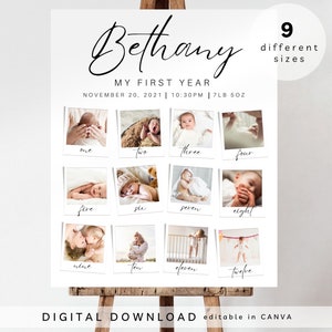 signo de cumpleaños de hito, plantilla de póster del primer año del bebé Polaroid, tablero de hitos del primer cumpleaños del bebé, signo de collage de fotos del primer cumpleaños, 063