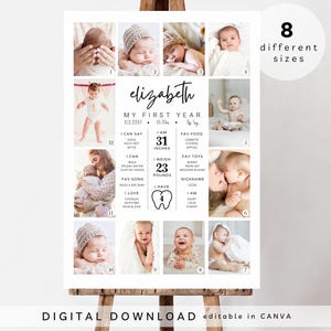 Signe d'anniversaire important, modèle d'affiche imprimable de la première année de bébé, panneau d'étape important du 1er anniversaire de bébé, signe de collage de photo du 1er anniversaire, 414