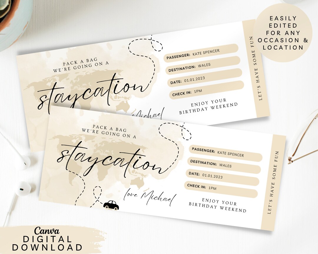 Editable Staycation Travel Ticket, Print Surprise Trip Voucher, Holiday Destination Voucher ...