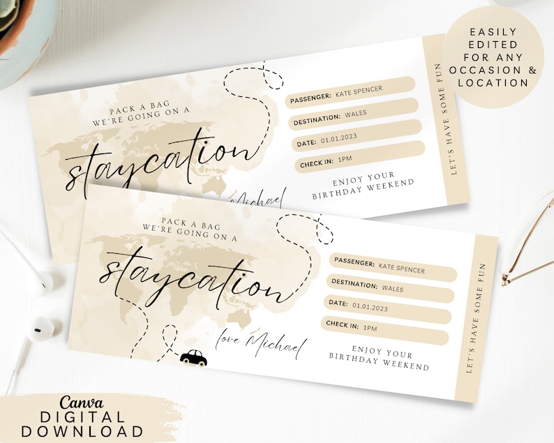Staycation Text Editable Staycation Travel Ticket, Print Surprise Trip Voucher, Holiday ...