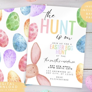 May include: An Easter egg hunt invitation featuring a watercolour bunny rabbit and colourful eggs. The text reads "The Hunt is On" and includes details for the event, including the date, time, and location.  RSVP information is also included.