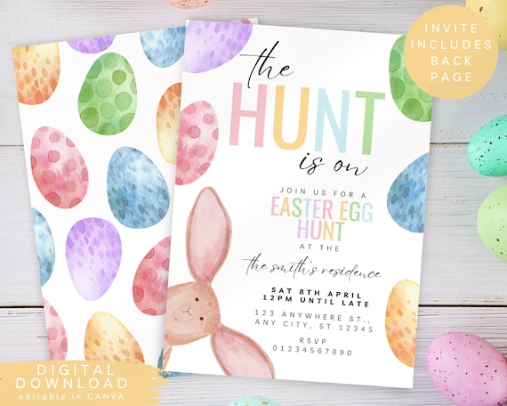 The hunt is on Easter egg hunt invite, Easter party invite, Egg hunt party, Easter egg brunch invite, Editable pastel easter invite, 196