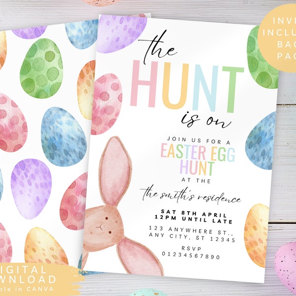 The hunt is on Easter egg hunt invite, Easter party invite, Egg hunt party, Easter egg brunch invite, Editable pastel easter invite, 196