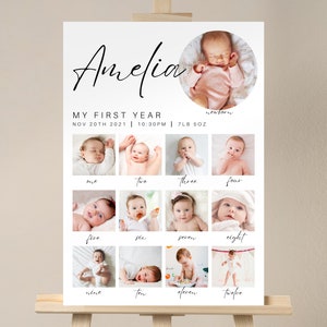 Peut inclure: Une affiche blanche avec le nom Amelia &eacute;crit en cursive noire en haut. L'affiche pr&eacute;sente un collage de 12 photos d'une petite fille, chaque photo repr&eacute;sentant un mois de sa premi&egrave;re ann&eacute;e. L'affiche comprend le texte "Ma premi&egrave;re ann&eacute;e" et la date de naissance, l'heure et le poids du b&eacute;b&eacute;.