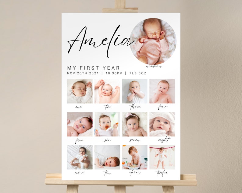 Peut inclure: Une affiche blanche avec le nom Amelia &eacute;crit en cursive noire en haut. L'affiche pr&eacute;sente un collage de 12 photos d'une petite fille, chaque photo repr&eacute;sentant un mois de sa premi&egrave;re ann&eacute;e. L'affiche comprend le texte "Ma premi&egrave;re ann&eacute;e" et la date de naissance, l'heure et le poids du b&eacute;b&eacute;.