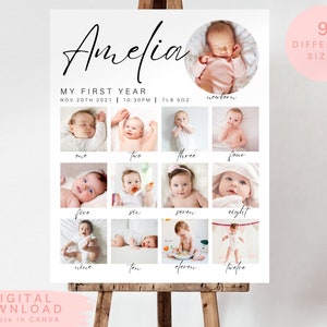 milestone birthday sign, printable baby's first year poster template, baby 1st birthday milestone board, 1st Birthday Photo Collage Sign,208